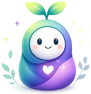 Root, a small round companion with a green sprout on its head and a heart on its chest, smiling.